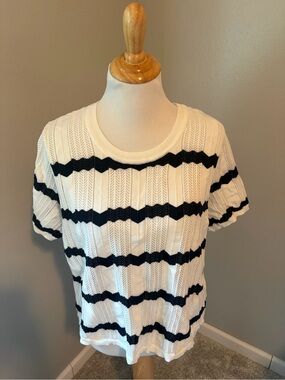 CAbi Ivory and Black Striped Short-Sleeve Knit Top Nautical Sweater Tee #6455